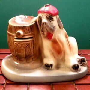 Vintage McCoy Pottery Hung Over St Bernard Dog & Barrel Coin Bank Wallet Holder
